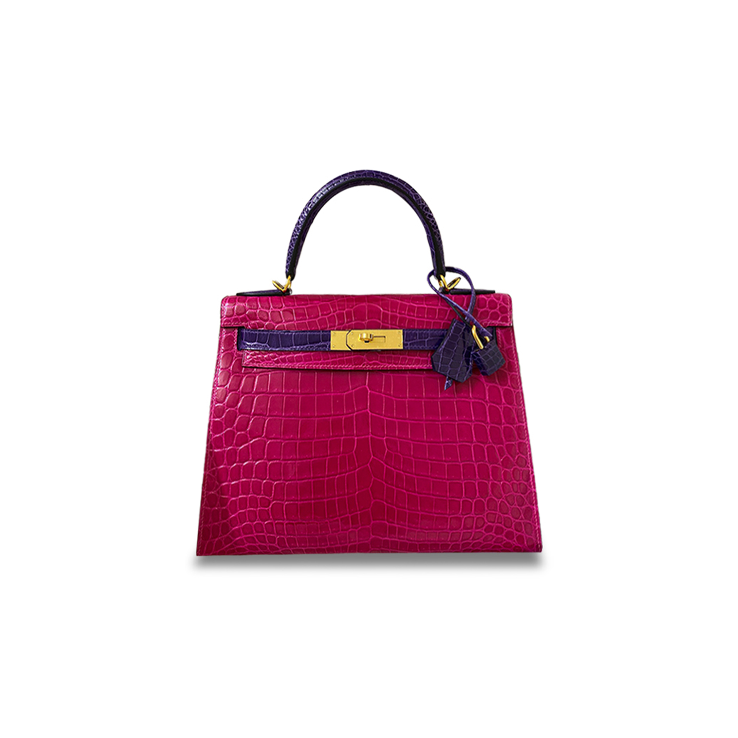 HERMÈS MASTER SHINY ROSE SCHÉHÉRAZADE & BLEU ÉLECTRIQUE ALLIGATOR SELLIER KELLY 25 WITH GOLD HARDWARE (28*22*10cm)